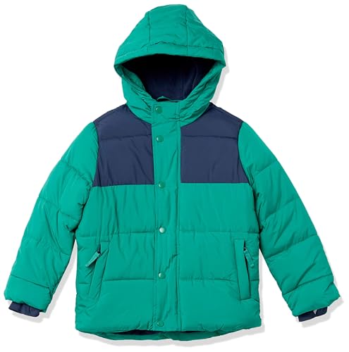 Amazon Essentials Jungen Schwere Pufferjacke mit Kapuze, Grün Marineblau Farbblock, 10 Jahre von Amazon Essentials