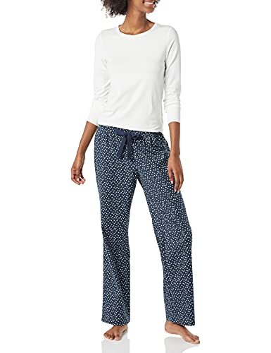 Amazon Essentials Damen Schlaf-Set leichte Flanellhose und langärmeliges-T-Shirt (in Übergröße erhältlich), Marineblau Punkte, L von Amazon Essentials