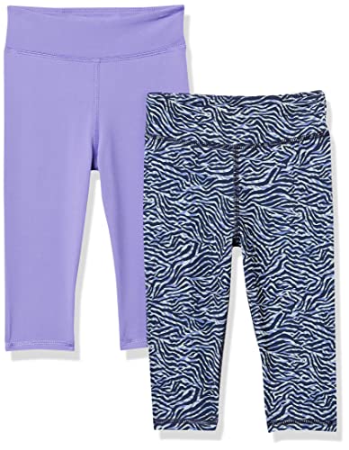 Amazon Essentials Mädchen Active-Capri-Leggings, 2er-Pack, Lila/Marineblau Zebrastreifen, 5 Jahre von Amazon Essentials