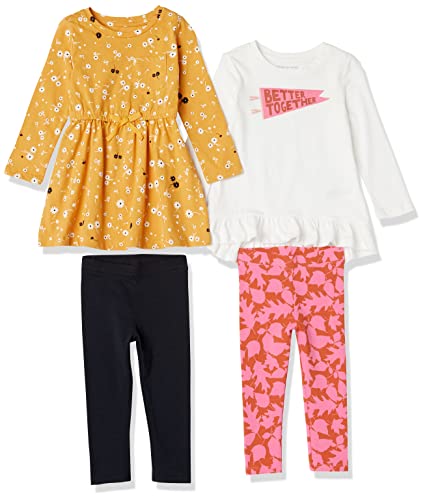 Amazon Essentials Mädchen Langärmliges Outfit-Set, 4er-Pack, Orange Blattmuster/Schwarz/Senfgelb Floral/Weiß Textaufdruck, 8 Jahre von Amazon Essentials