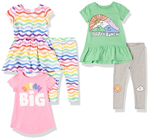 Amazon Essentials Mädchen Outfit/Geschenkset Mit Kleid, Tuniken, Leggings Zum Kombinieren (Früher Spotted Zebra), Grau/Grün Wolken/Rosa Textaufdruck/Weiß Regenbogen, 11-12 Jahre von Amazon Essentials