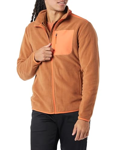 Amazon Essentials Herren Fleecejacke mit Langem Reißverschluss-Auslauffarben, Khakibraun Orange Farbblock, S von Amazon Essentials