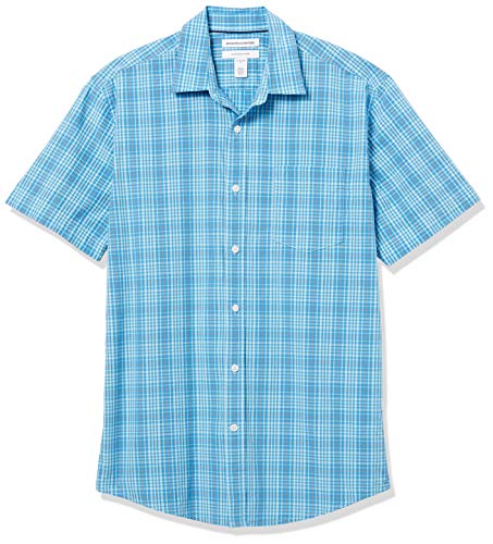 Amazon Essentials Herren Kurzärmeliges Hemd aus Popeline, Normale Passform, Blau Weiß Karo, S von Amazon Essentials