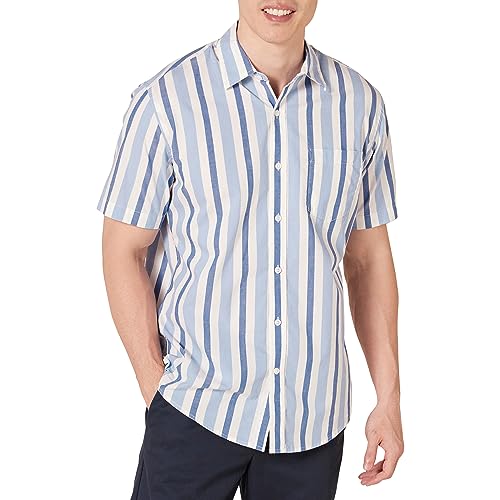 Amazon Essentials Herren Kurzärmeliges Hemd aus Popeline, Normale Passform, Blau Weiß Streifen, S von Amazon Essentials