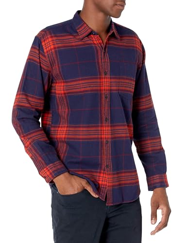 Amazon Essentials Herren Langarmhemd aus Flanell (in Übergröße erhältlich), Dunkelblau Orange Großes Karo, XS von Amazon Essentials