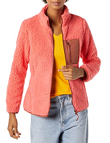 Amazon Essentials Damen Lange Sherpa-Jacke Mit Stehkragen, Durchgehendem Reißverschluss Und Gewebtem Saum (Erhältlich In Übergröße), Braun Korallenrosa Farbblock, M von Amazon Essentials