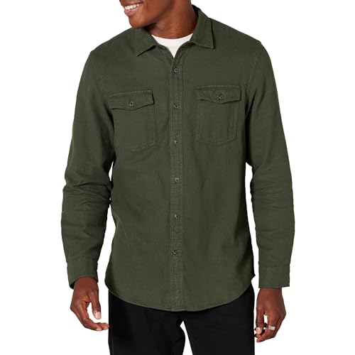 Amazon Essentials Herren Schmal geschnittenes Flanellhemd mit Langen Ärmeln und 2 Taschen, Olivenheide, S von Amazon Essentials