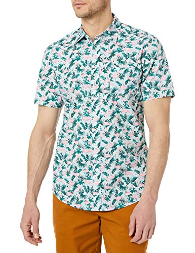 Amazon Essentials Herren Kurzärmeliges Druckhemd, Schmale Passform, Blau Flamingo, L von Amazon Essentials