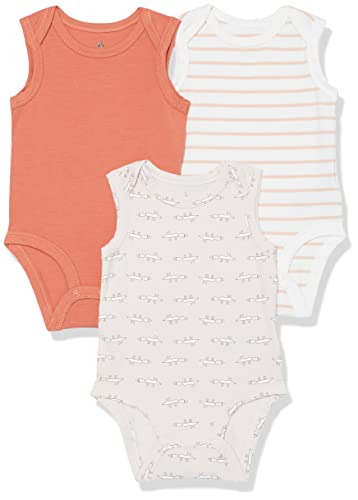 Amazon Essentials Unisex Baby Ärmelloser Body aus Baumwoll-Stretchjersey (zuvor Amazon Aware), 3er-Pack, Beige Maus/Hellorange/Rosa Streifen, 12 Monate von Amazon Essentials