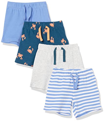 Amazon Essentials Unisex Baby Baumwollshorts Zum Schlüpfen, 4er-Pack, Blau/Hellgrau/Marineblau Krabbe/Weiß Streifen, Frühchen von Amazon Essentials