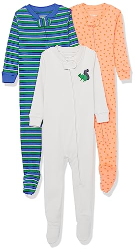 Amazon Essentials Unisex Baby Eng anliegender Schlafanzug aus Baumwolle mit Fuß-Auslauffarben, 3er-Pack, Blau Grün Streifen/Creme Eichhörnchen/Orange Punkte, 3-6 Monate von Amazon Essentials