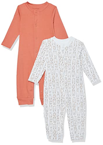 Amazon Essentials Unisex Baby Fußloser Overall aus Bio-Baumwolle (zuvor Amazon Aware), 2er-Pack, Korallenorange/Weiß Bärenaufddruck, 0-3 Monate von Amazon Essentials