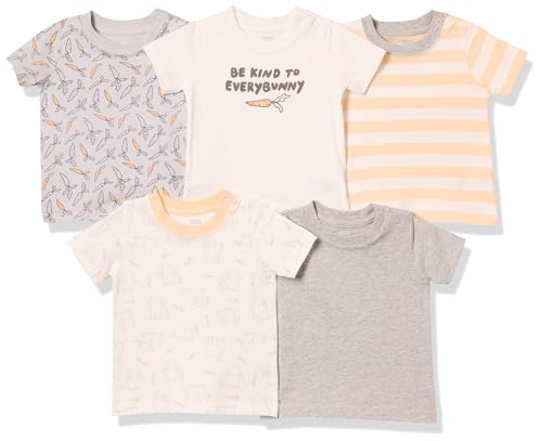 Amazon Essentials Baby Jungen Kurzärmeliges T-Shirt, 5er-Pack, Gebrochenes Weiß/Grau Meliert/Kaninchen/Kohlegrau Carrots/Orange Rugby-Streifen, 0 Monate von Amazon Essentials