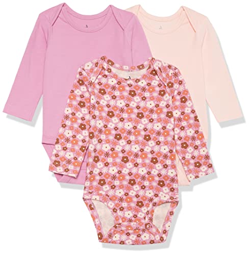 Amazon Essentials Unisex Baby Langärmliger Body aus Baumwoll-Stretchjersey (zuvor Amazon Aware), 3er-Pack, Blasser Pfirsich/Kräftiges Rosa/Floral, Frühchen von Amazon Essentials