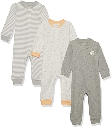 Amazon Essentials Unisex Baby Schlaf- und Spielanzug aus Baumwolle ohne Fuß mit Reißverschluss vorne, 3er-Pack, Gebrochenes Weiß Kaninchen/Grau Meliert/Streifen, 0 Monate von Amazon Essentials