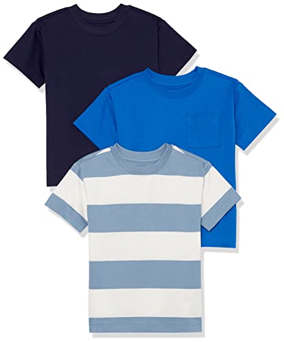 Amazon Essentials Unisex Kinder Kurzärmeliges Sport-T-Shirt, 3er-Pack, Dunkles Marineblau/Kräftiges Blau/Weiß Rugby-streifen, 5 Jahre von Amazon Essentials