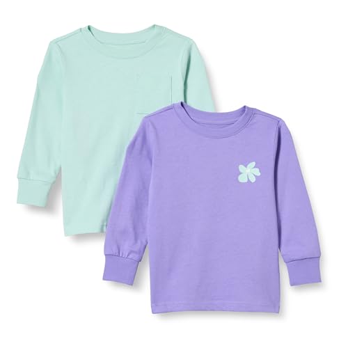 Amazon Essentials Unisex Kinder Langarm-T-Shirt mit Rippbündchen, 2er-Pack, Hellviolett/Minzgrün Blumen, 9 Jahre von Amazon Essentials