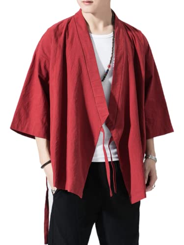 Ambcol Japanischer Kimono-Cardigan für Herren, lockere Baumwolle, Leinen, 3/4-Ärmel, vorne offen, lässig, Sommerhemd, Jacken, 05- Rot, X-Groß Ambcol Japanischer Kimono-Cardigan für Herren, lockere Baumwolle, Leinen, 3/4-Ärmel, vorne offen, lässig, Sommerhemd, Jacken, 05- Rot, X-Groß von Ambcol