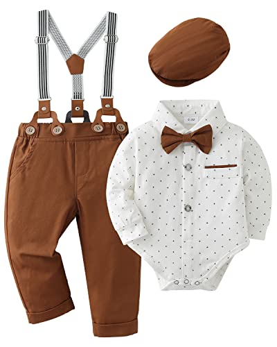 Amissz Baby Jungen Anzug Bekleidungssets, 4tlg Hochzeit Festliche Taufanzug Strampler mit Fliege+ Langarm Hemd + Hosenträger Hosen Weiß, 0-3 Monate von Amissz