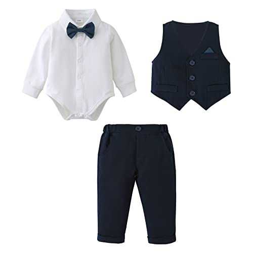 Baby Jungen Bekleidungsset Anzug, Kleinkind Gentleman Langarm Strampler Hemd + Hose + Weste + Fliege Festliche Taufe Hochzeit (Blau, 18-24 Monate) von Amissz