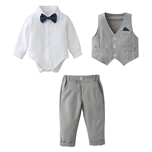 Baby Jungen Bekleidungsset Anzug, Kleinkind Gentleman Langarm Strampler Hemd + Hose + Weste + Fliege Festliche Taufe Hochzeit (Grau, 12-18 Monate) von Amissz