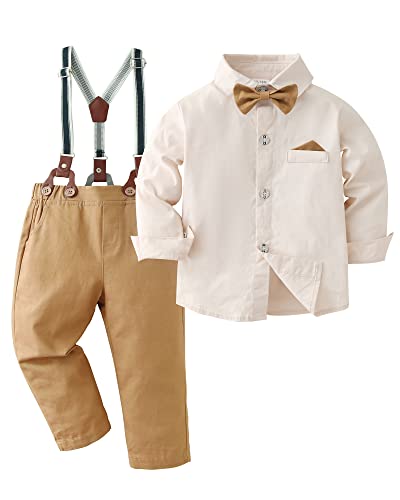 Amissz Baby Jungen Gentleman Set, Kinder Festliche Kleidung Taufkleidung Anzug Langärmeliges Shirt & Hosen Outfit Aprikose, 2-3 Jahre von Amissz