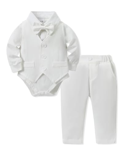 Amissz Baby Junge Anzug Taufe, Neugeborenen Taufanzug Hochzeitsoutfit Partei Babykleidung Strampler + Bowtie + Vest + Pants Set Weiß 3-6 Monate von Amissz