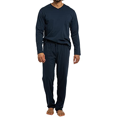 AMMANN Herren Schlafanzug Lang Organic Cotton, Pyjama Herren Lang aus GOTS Zertifizierter Bio-Baumwolle, V-Ausschnitt, Bindeband am Hosenbund, Zeitloses Design in 3XL Dunkelblau von AMMANN