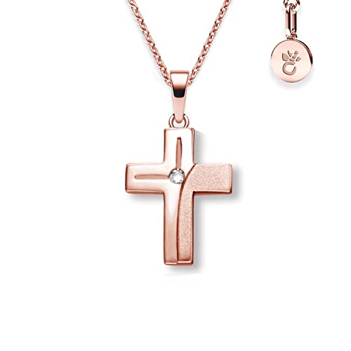 Amoonic Kreuz Kette Mädchen Rosegold (Silber 925 vergoldet) | Kreuz-Anhänger Halskette | Kinder-Schmuck Erst-Kommunion Tauf-Geschenk Konfirmation Firmung Geburt Taufe | Goldkette Kreuzkette Taufkette von Amoonic