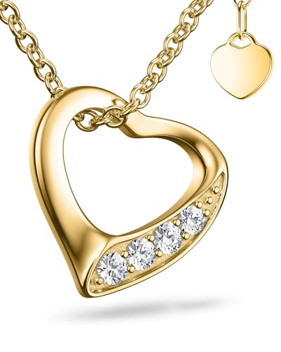 Amoonic Herzkette Gold Zirkonia Silber 925 hochwertig vergoldet* Geschenk-Idee Freundin Frauen Valentinstag Liebe Gold-Kette mit Herz Stein Damen-Kette Anhänger FF02VGGGZIFA45-5 von Amoonic