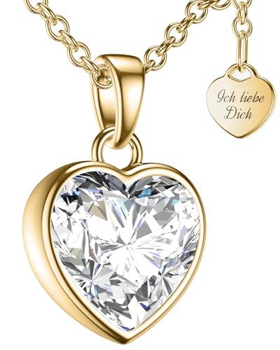 Herzkette Halskette Damen Gold (Silber 925 vergoldet) Kette mit Zirkonia Herz-Anhänger Ich liebe Dich (45-50cm) Schmuck Geschenke für Frauen Sie Freundin mit Gravur zum Jahrestag Liebesgeschenk von Amoonic