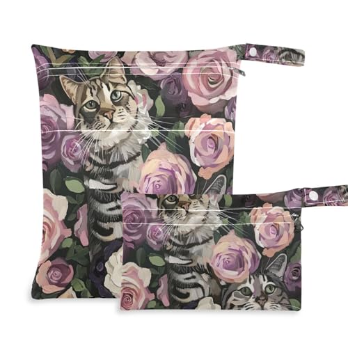 Amooorous Wasserdichte Baby-Wickeltasche, Motiv: Katze umgeben von Rosen, 2 Stück, Nassbeutel für Badeanzug mit Griffen für Pool, Fitnessstudio Amooorous Wasserdichte Baby-Wickeltasche, Motiv: Katze umgeben von Rosen, 2 Stück, Nassbeutel für Badeanzug mit Griffen für Pool, Fitnessstudio von Amooorous