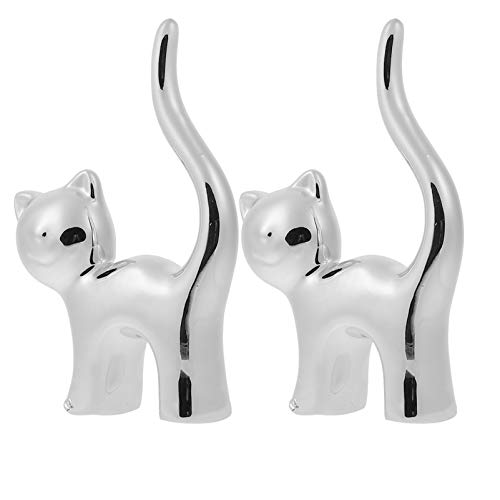 Amosfun Ringhalter Keramik Niedlichen Katze Figur Ringständer Schmuckständer Schmuckhalter Fingerringe Display für Schmuck Fotografie Frauen Mädchen Geburtstagsgeschenk 2 Stück (Silber) von Amosfun