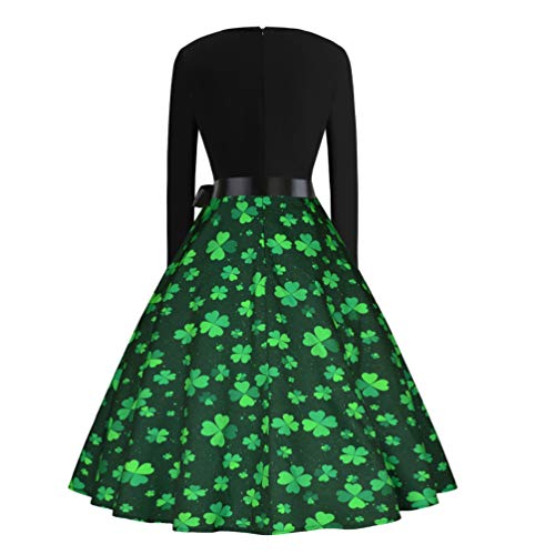 Amosfun Womens Vintage St. Patricks Day Kleid Damen Langarm Klee Kleeblatt Print Kleid Schaukel Cocktailkleider L von Amosfun