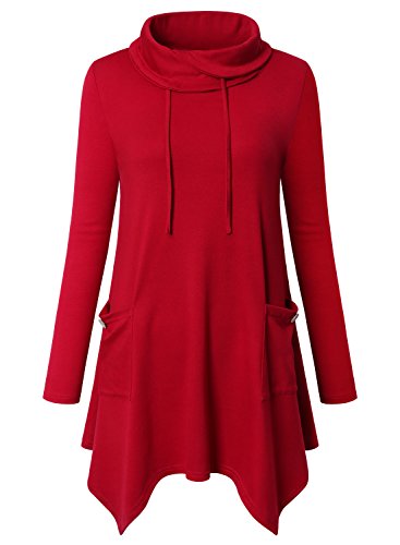 Amrto Damen Bluse Pullover Damen Elegant Turtleneck Asymmetrische Saum Langarm Tops Lange Hemd Pullover Tunika mit Taschen, Rot XXXL von Amrto