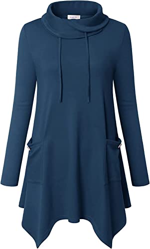 Amrto Damen Bluse Turtleneck Tunika Damen Große Größen mit Asymmetrische Saum Langarmshirts Tops Lange Hemd Pullover Damen Tunika mit Taschen, Dunkler Blau L von Amrto