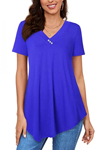 Amrto T-Shirt Damen V-Ausschnitt Tunika Tops Knöpfe Bluse Kurzarm Asymmetrisch Shirts Sommer Oberteile, S, -blau von Amrto