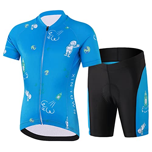 Amur Leopard Kinder Radtrikot Set Jungen Radsport Bekleidung Mädchen Fahrrad Trikot Kurzarm & Kurz Radhose mit Sitzpolster, Blau, 122-128 (Etikettgröße: L) von Amur Leopard