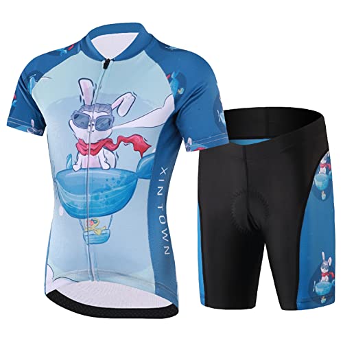 Amur Leopard Kinder Radtrikot Set Jungen Radsport Bekleidung Mädchen Fahrrad Trikot Kurzarm & Kurz Radhose mit Sitzpolster, Blau-Kaninchen, 116 (Etikettgröße: M) von Amur Leopard