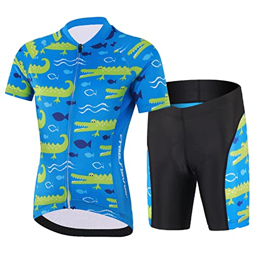 Amur Leopard Kinder Radtrikot Set Jungen Radsport Bekleidung Mädchen Fahrrad Trikot Kurzarm & Kurz Radhose mit Sitzpolster, Blau-Krokodil, 116 (Etikettgröße: M) von Amur Leopard