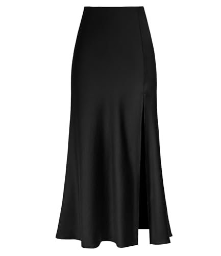 Damen-Maxirock aus Satin, hohe Taille, seitlicher Schlitz, elastischer Bund, Reißverschluss, lange Röcke, Schwarz, Klein von Amy Babe