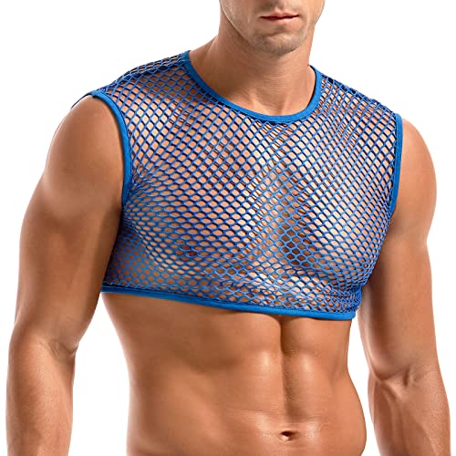 Amy Coulee Herren Fischnetz Crop Top Sexy Mesh Weste Durchsichtig Ärmellos Shirts Muskel Tank Top Neuheit Party Clubwear, blau, L von Amy Coulee