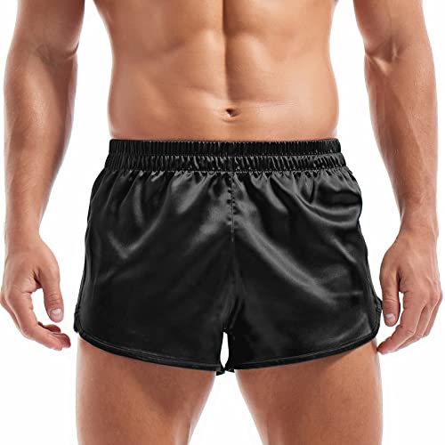 Amy Coulee Herren Satin Boxershorts Seidig Pyjama Shorts Schlafen Unterwäsche Split Side Sexy Boxershorts mit elastischem Bund, Schwarz , L von Amy Coulee