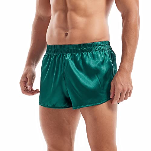 Amy Coulee Herren Satin Boxershorts Seidig Pyjama Shorts Schlafen Unterwäsche Split Side Sexy Boxershorts mit elastischem Bund, grün, L von Amy Coulee