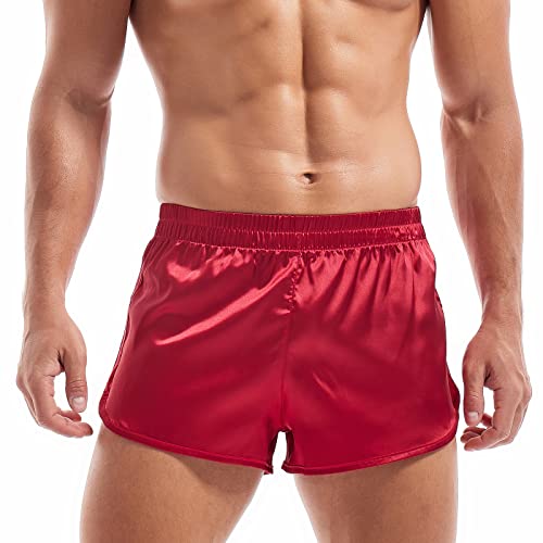 Amy Coulee Herren Satin Boxershorts Seidig Pyjama Shorts Schlafen Unterwäsche Split Side Sexy Boxershorts mit elastischem Bund, rot, XL von Amy Coulee