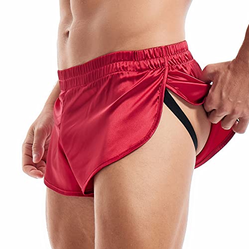 Amy Coulee Sexy Herren-Boxershorts, geteilte Seite, Jockstrap Unterwäsche, Trunks aus Satin, Seide, Boxershorts, leichte Nachtwäsche, Pyjama-Shorts, rot, M von Amy Coulee