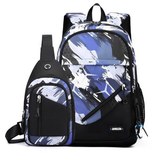 Amythe Schulrucksack Jungen Teenager 2 Teilig mit Sling Bag Herren Casual Daypack，Schultaschen-Set für 9-18 Jahren, Große Kapazität Wasserdicht Camouflage Rucksack Schule Mädchen, Blau von Amythe