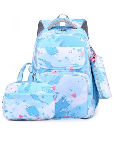 Amythe Schulrucksack Mädchen 3 Teilig, Rucksack Schule Teenager, Grundschule Mittelschule Schultaschen-Set Lunchtasche Federmäppchen, Kinderrucksack Schulranzen für 3-9 Klasse, Blau von Amythe