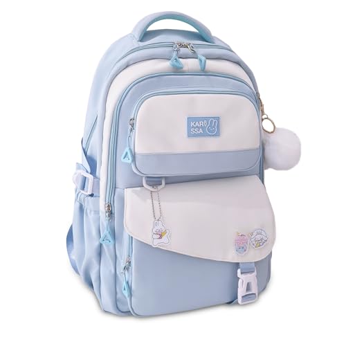 Amythe Schulrucksack Mädchen Teenager Schultaschen Kinder Groß mit süßem Anhänger und 3 Abzeichen, Rucksack Schule Must-Have, Tragen Sie für Schule, Urlaub & Mehr, Blau von Amythe