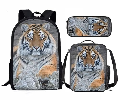 Amzbeauty Kinder-Rucksack für Mädchen, 3-teilig, Geschenk für die Schule, Lavendel, Husky, mit Lunchtaschen, Schulmäppchen, Liegen Tiger von Amzbeauty